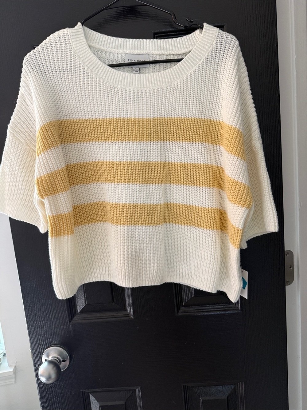 Pink Rose Cream Sweater with Mustard Stripes